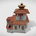 Traditional Architecture Model With Red Roof Gray Walls And Multi Level Tower Structure