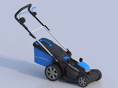 Blue And Black Agricultural Lawn Mower Equipment With Handle And Wheels 3d model