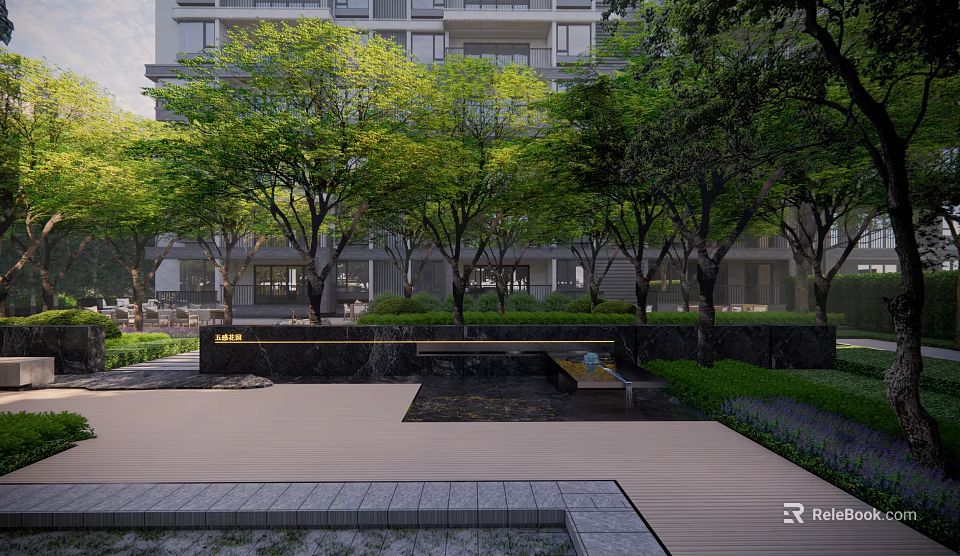 Serene Residential Landscape With Lush Trees Greenery Courtyard Walkway And Building Exterior 3d model 