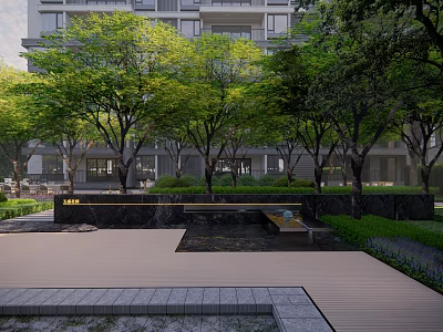 Serene Residential Landscape With Lush Trees Greenery Courtyard Walkway And Building Exterior 3d model