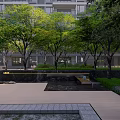 Serene Residential Landscape With Lush Trees Greenery Courtyard Walkway And Building Exterior