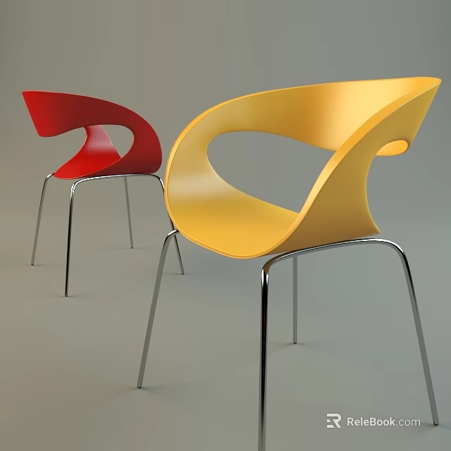 Modern Red And Yellow Office Chairs With Curved Backrest And Metal Legs 3d model 