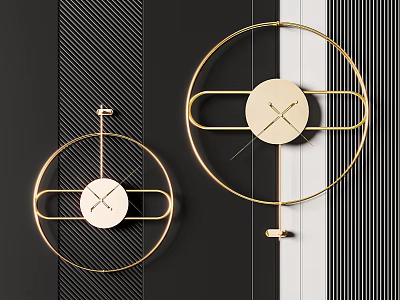 Sleek Golden Circular Clocks On Black And White Striped Wall Background 3d model