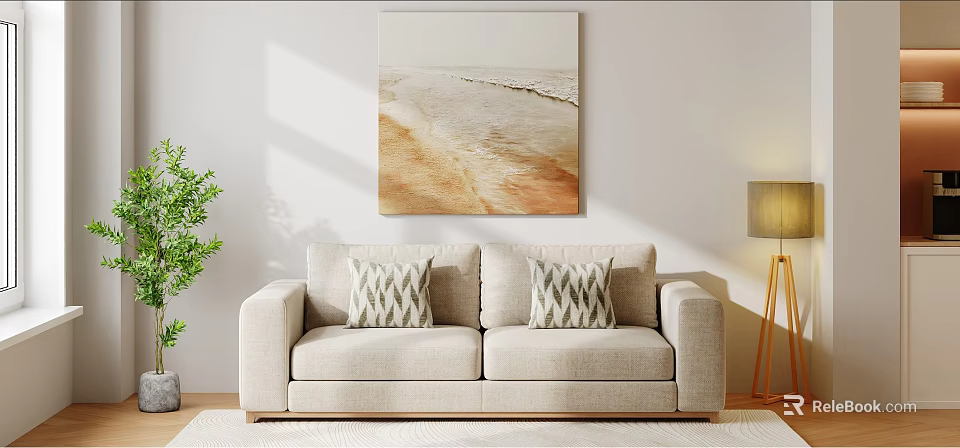 Bright Sunlit Modern Living Room With Beige Linen Sofa And Elegant Abstract Wall Art 3d model 