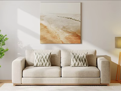 Bright Sunlit Modern Living Room With Beige Linen Sofa And Elegant Abstract Wall Art 3d model