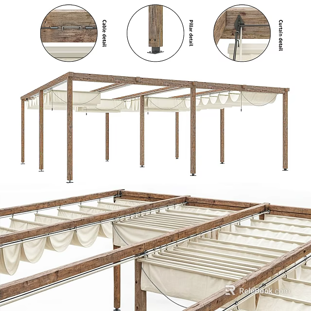 Outdoor Wooden Pergola With White Canopy Cloth And Sturdy Frame Structure 3d model 
