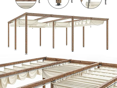 Outdoor Wooden Pergola With White Canopy Cloth And Sturdy Frame Structure 3d model