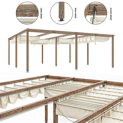 Outdoor Wooden Pergola With White Canopy Cloth And Sturdy Frame Structure 3d model
