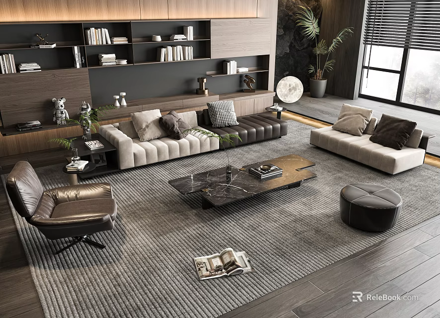 Modern Living Room Sofa And Coffee Table Set With Bookshelves Plant And Area Rug 3d model 