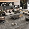 Modern Living Room Sofa And Coffee Table Set With Bookshelves Plant And Area Rug