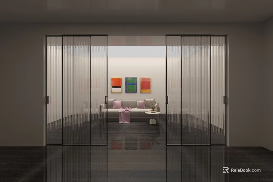 Glass Sliding Doors in Modern Interior with Living Room Sofa and Colorful Wall Art 3d model 