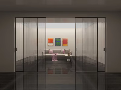 Glass Sliding Doors in Modern Interior with Living Room Sofa and Colorful Wall Art 3d model