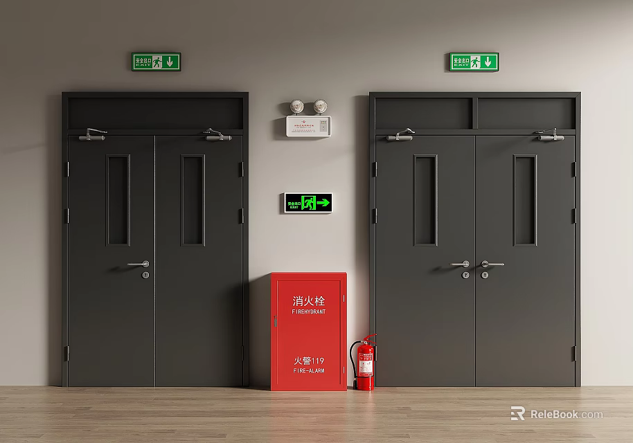 Black Double Doors With Safety Exit Signs And Fire Equipment Cabinet 3d model 