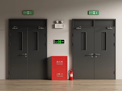 Black Double Doors With Safety Exit Signs And Fire Equipment Cabinet 3d model