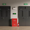 Black Double Doors With Safety Exit Signs And Fire Equipment Cabinet