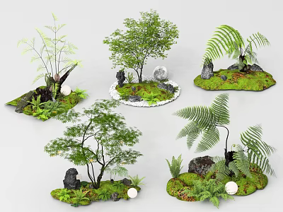 Natural Small Tree and Fern Decorative Landscape with Stones and Moss 3d model
