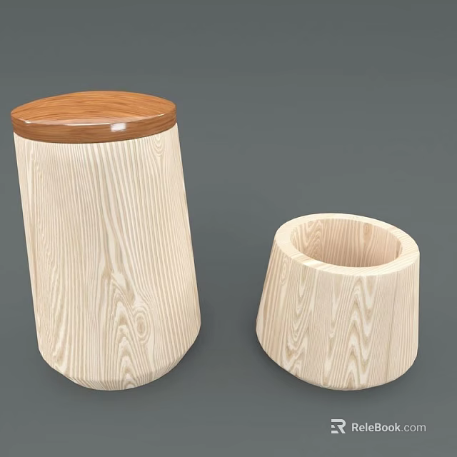 Two Natural Wood Storage Containers With Textured Design And Wooden Lid 3d model 