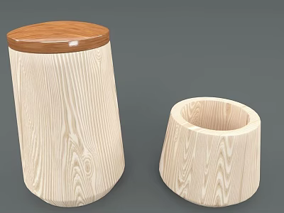 Two Natural Wood Storage Containers With Textured Design And Wooden Lid 3d model