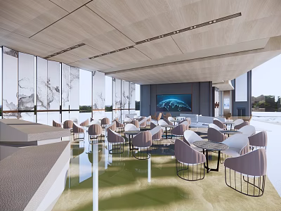 Modern Sales Office Interior With Floor to Ceiling Windows Light Colored Tables Chairs Digital 3d model