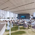 Modern Sales Office Interior With Floor to Ceiling Windows Light Colored Tables Chairs Digital