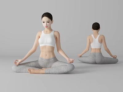 Woman Practicing Yoga Seated Pose in White Tank Top Gray Leggings Front Back Views 3d model