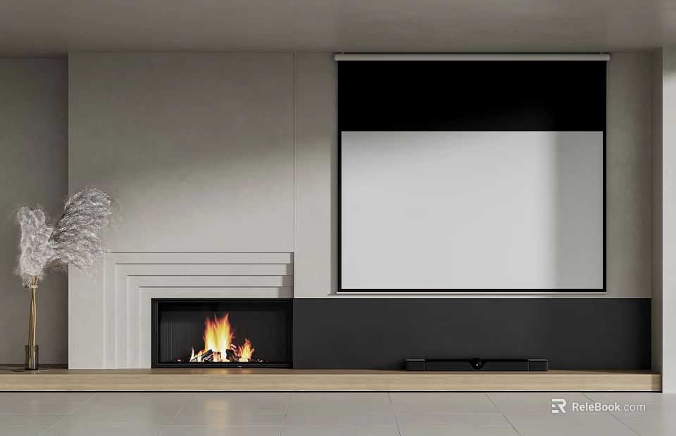 Modern TV Background Wall Design With Gray Wall Projection Screen And Fireplace Flames 3d model