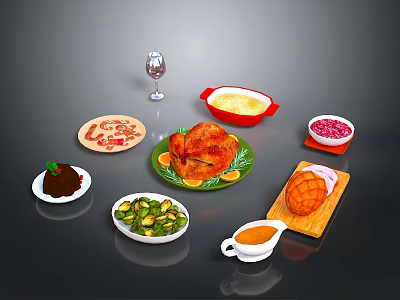 Roast Chicken Dish Served With Brussels Sprouts Sauce Dessert And Wine Glass On Table 3d model