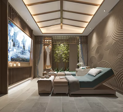 Serene SPA Sauna Room With Loungers Green Plants Decorative Painting Wavy Walls And Wooden Ceiling 3d model