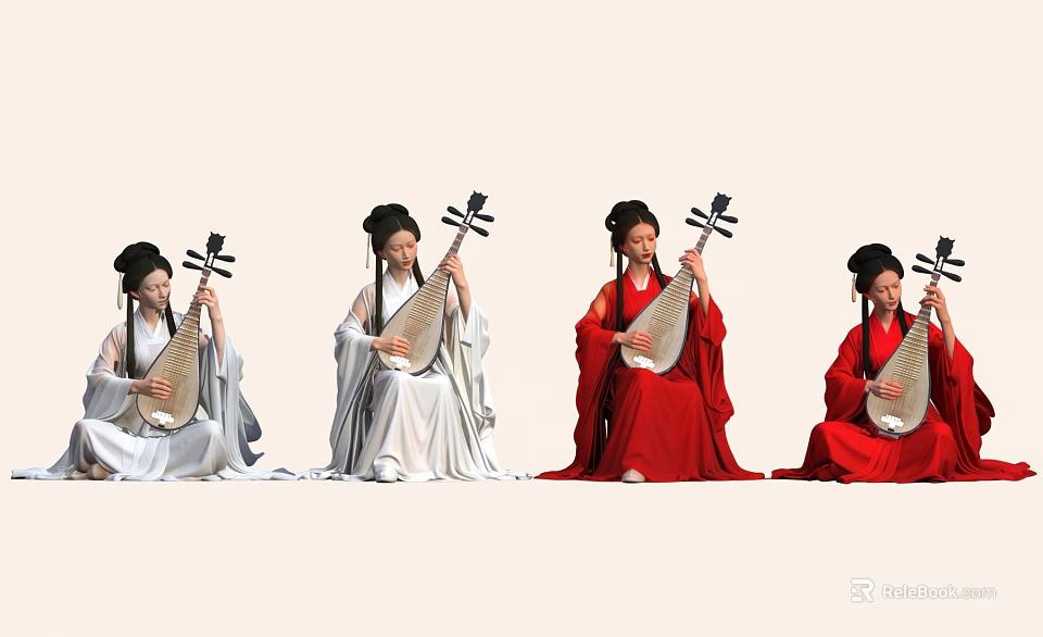 Women In Ancient Chinese Costumes Playing Pipa Musical Instrument Together 3d model 