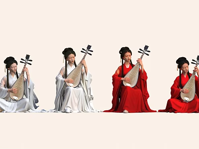 Women In Ancient Chinese Costumes Playing Pipa Musical Instrument Together 3d model