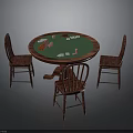 Round Poker Game Table With Green Felt Surface Poker Chips Playing Cards And Wooden Chairs
