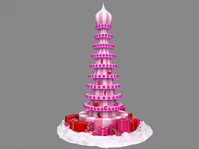 Pink White Tower Art Installation With Layered Structure Dots Red Gift Boxes Snow Base 3d model