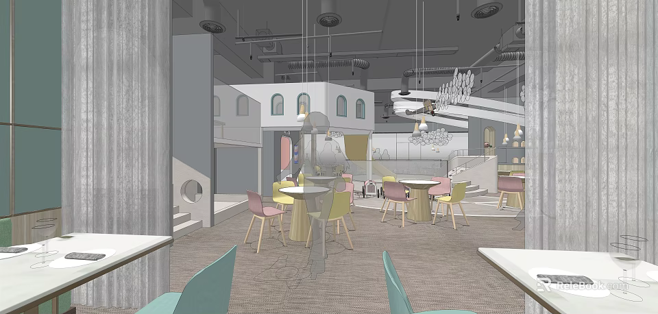 Modern Restaurant Interior Design With Colorful Chairs Tables And Pendant Lights 3d model 