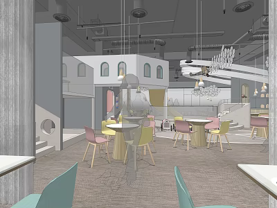 Modern Restaurant Interior Design With Colorful Chairs Tables And Pendant Lights 3d model