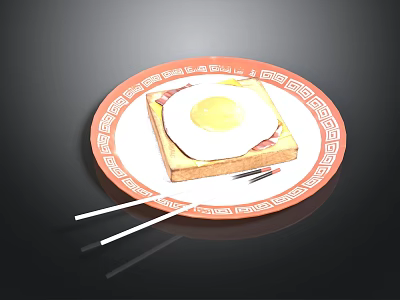 Delicious Fried Egg on Toast Served on Red and White Patterned Plate with Chopsticks 3d model