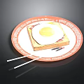 Delicious Fried Egg on Toast Served on Red and White Patterned Plate with Chopsticks
