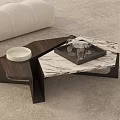 Modern Geometric Coffee Table With Wooden And Marble Top Tray Glasses And Bowl