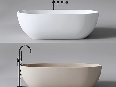 Freestanding White and Beige Bathtub with Black Faucet and Minimalist Design 3d model