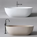 Freestanding White and Beige Bathtub with Black Faucet and Minimalist Design