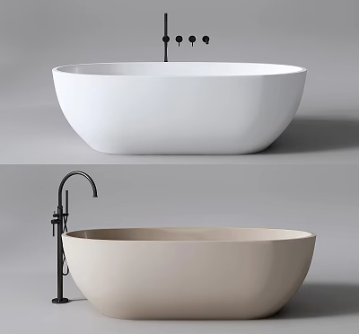 Freestanding White and Beige Bathtub with Black Faucet and Minimalist Design 3d model
