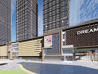 Modern Commercial Complex Exterior With High Rise Towers And Retail Facilities Design 3d model
