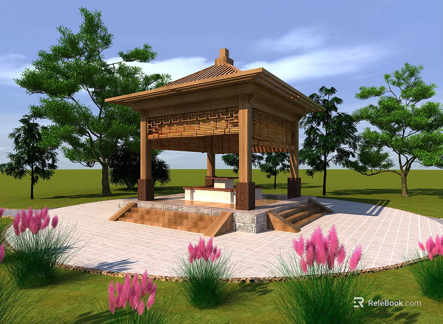 Traditional Wooden Pavilion With Carved Roof Surrounded By Green Trees Grass And Pink Flowers 3d model 