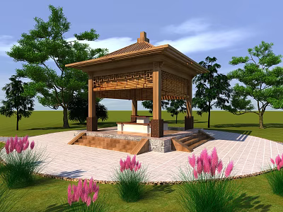 Traditional Wooden Pavilion With Carved Roof Surrounded By Green Trees Grass And Pink Flowers 3d model
