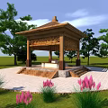 Traditional Wooden Pavilion With Carved Roof Surrounded By Green Trees Grass And Pink Flowers