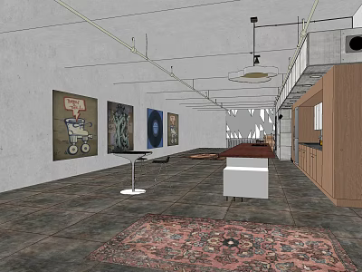 Stylish Floor Lamp In Modern Gallery Space With Art Paintings And Decorative Rug 3d model