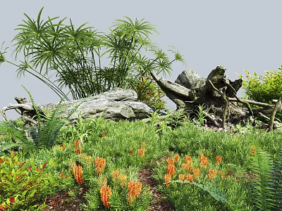 Lush Green Plants And Orange Flowers In Natural Garden With Stones And Logs 3d model