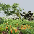 Lush Green Plants And Orange Flowers In Natural Garden With Stones And Logs
