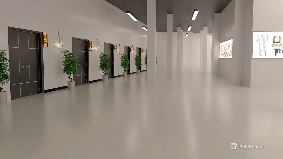 Modern Office Hallway Design With White Walls Columns Plants And Bright Lighting 3d model 