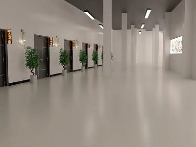 Modern Office Hallway Design With White Walls Columns Plants And Bright Lighting 3d model