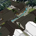 Traditional Commercial Street With Wooden Architecture Tile Roofs Lattice Doors And Stone Paved Path